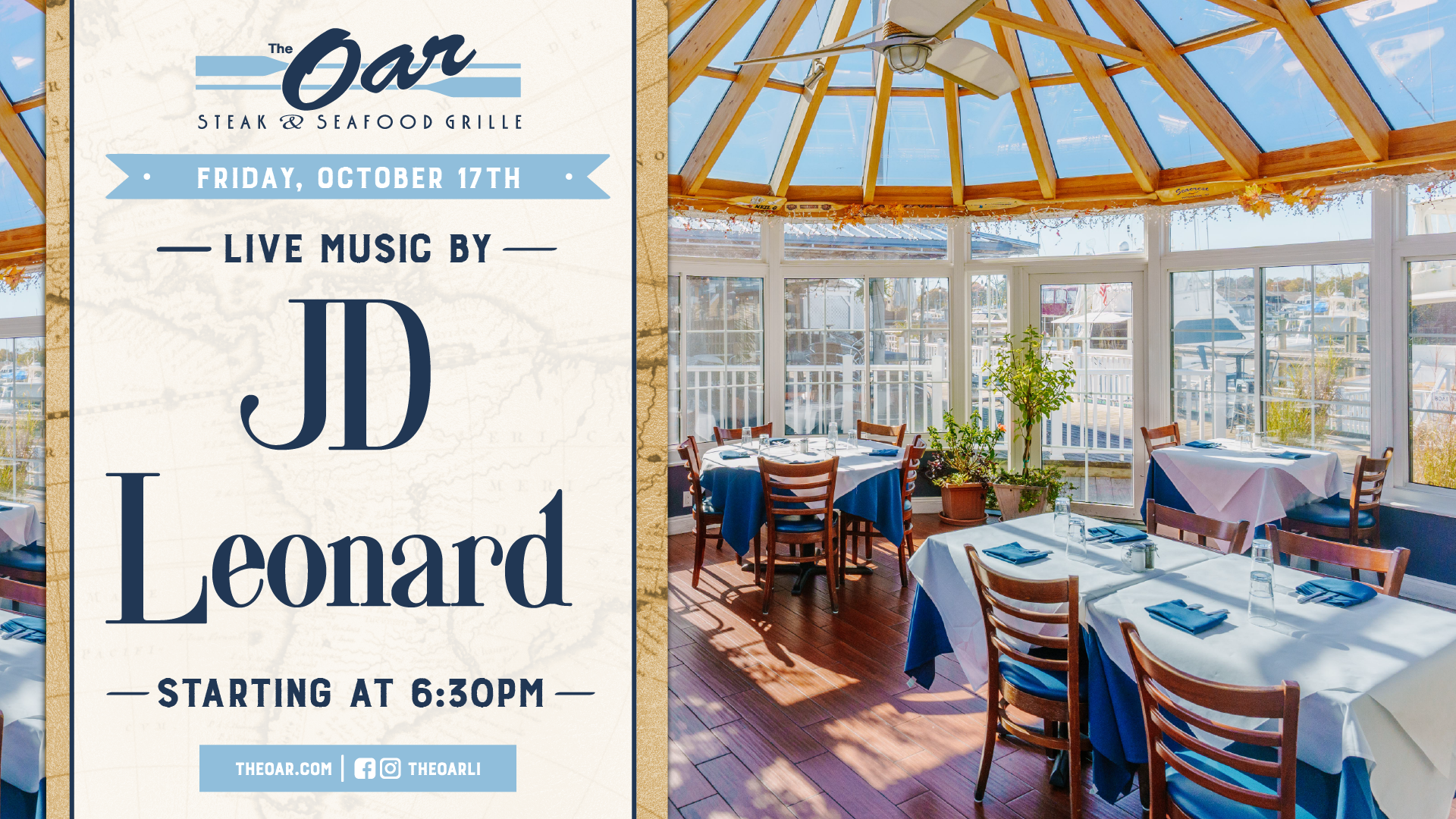 Enjoy a night of live entertainment with JD Leonard performing at The Oar. 🎸✨ Pair your evening with our fresh seafood, cocktails, and sunset views.