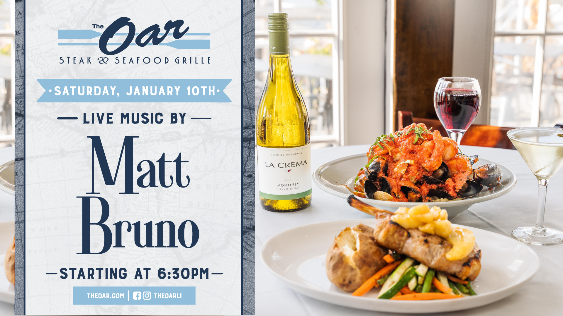 Dinner, drinks, and live music by Matt Bruno—your Saturday plans are covered. Sit back, relax, and enjoy a great night at The Oar.