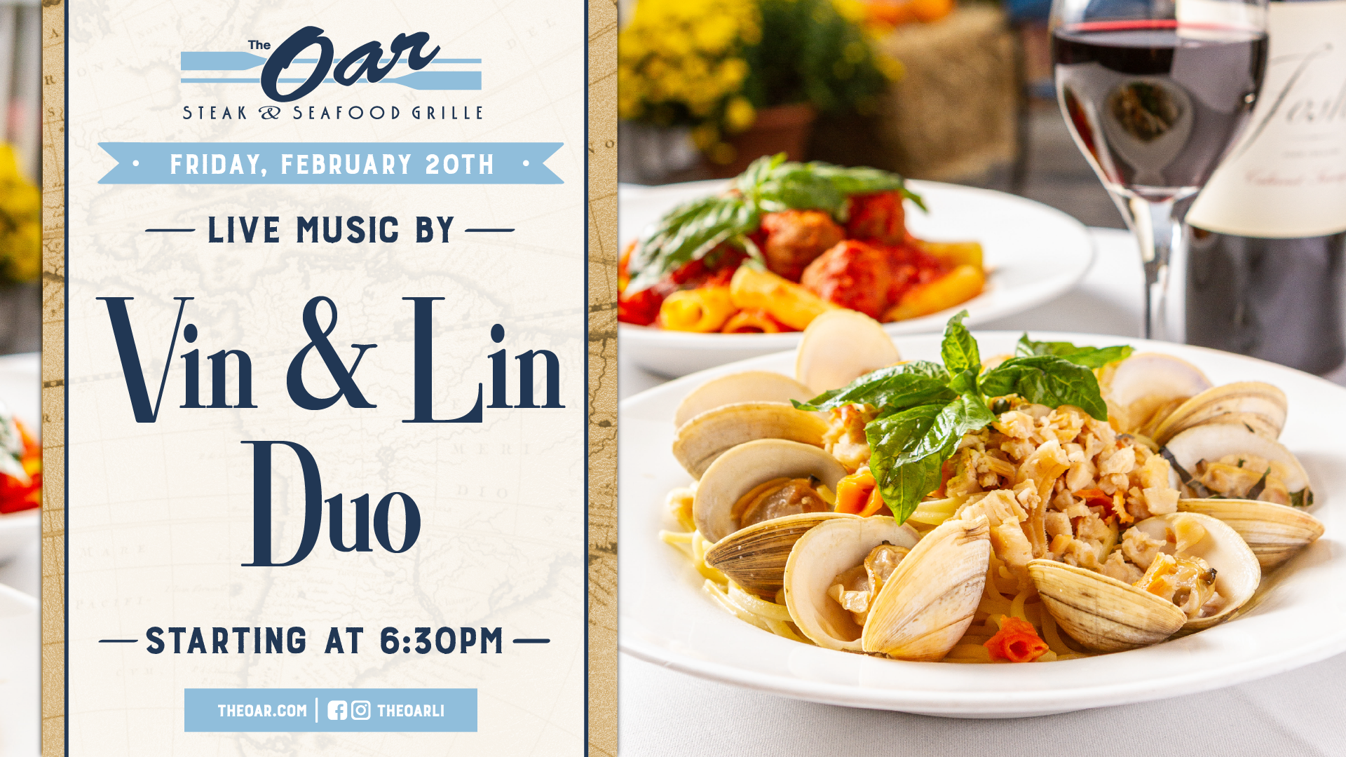 Enjoy an evening of live music with Vin & Lin Duo starting at 6:30PM. Relax, dine, and unwind by the water.