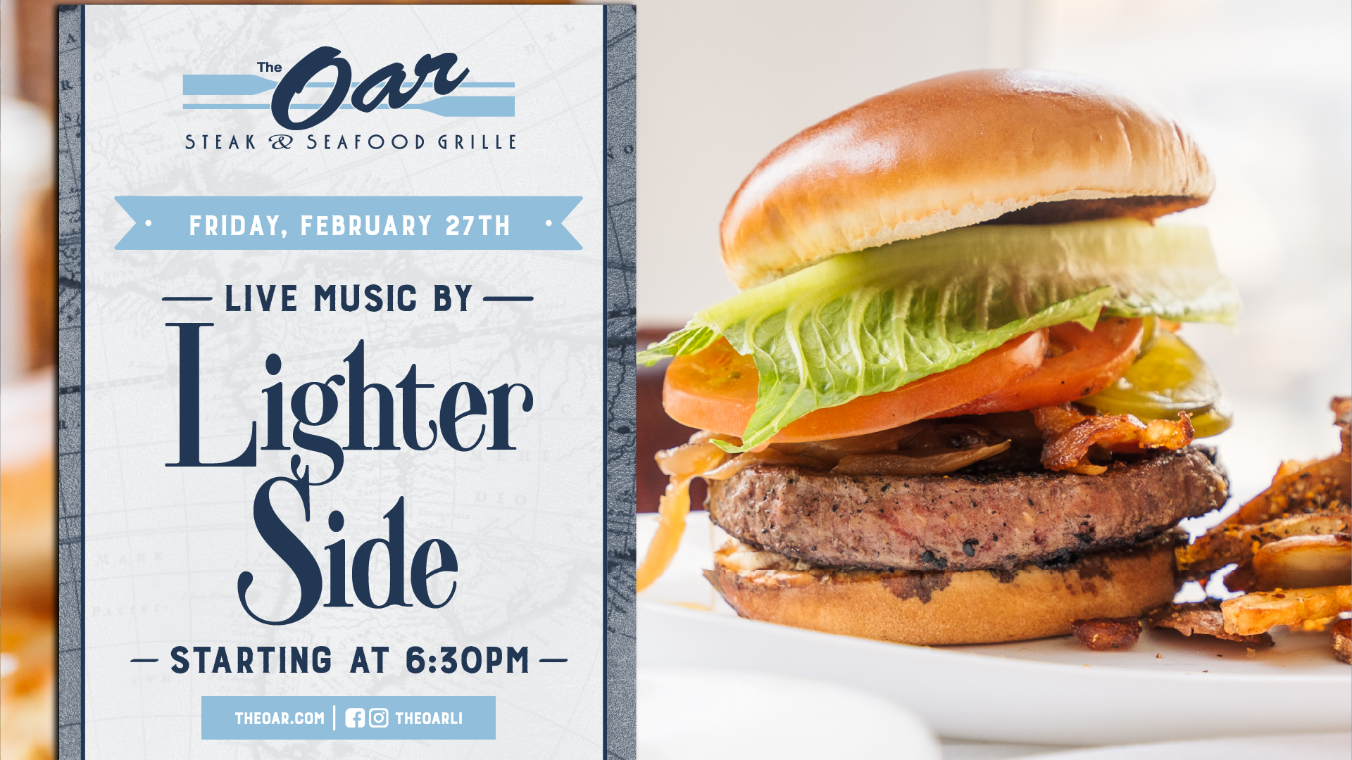 Lighter Side hits the stage at 6:30PM with live music and feel-good vibes. Start your weekend with dinner and drinks by the river.