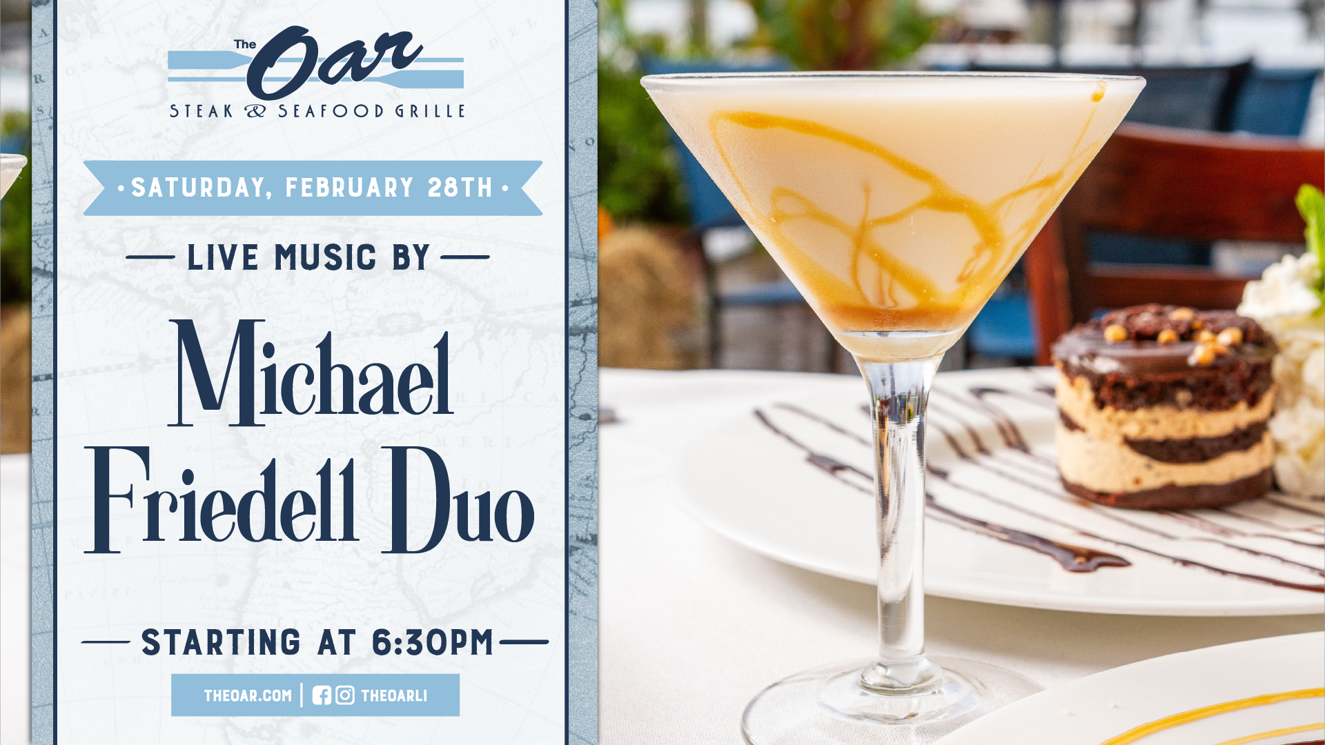Close out February with live music by Michael Friedell Duo starting at 6:30PM. Great music, great food, and a waterfront night to remember.