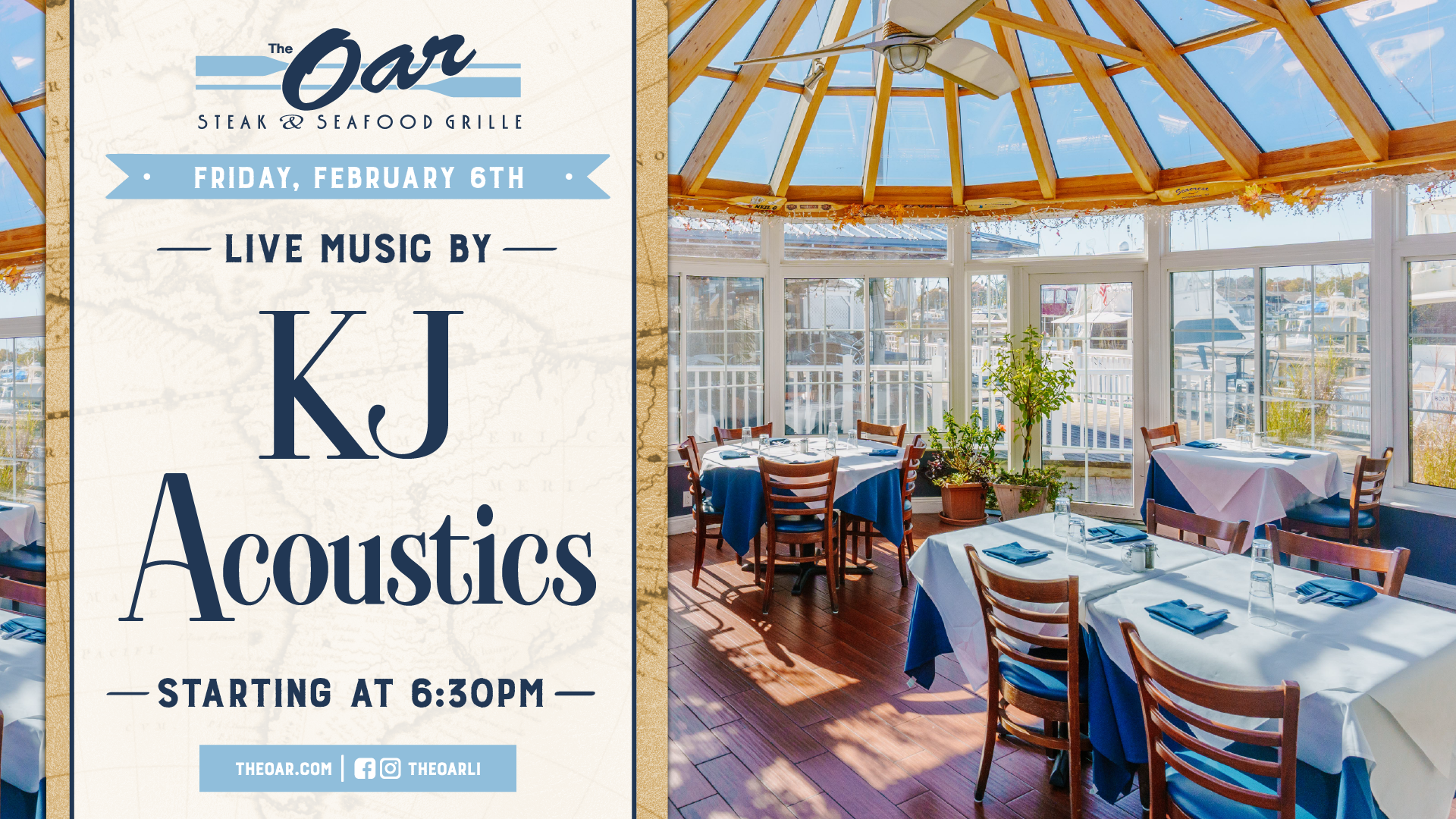 Kick off the weekend with live acoustic vibes by KJ Acoustics starting at 6:30PM. Enjoy great music, waterfront dining, and your favorite cocktails all night long.