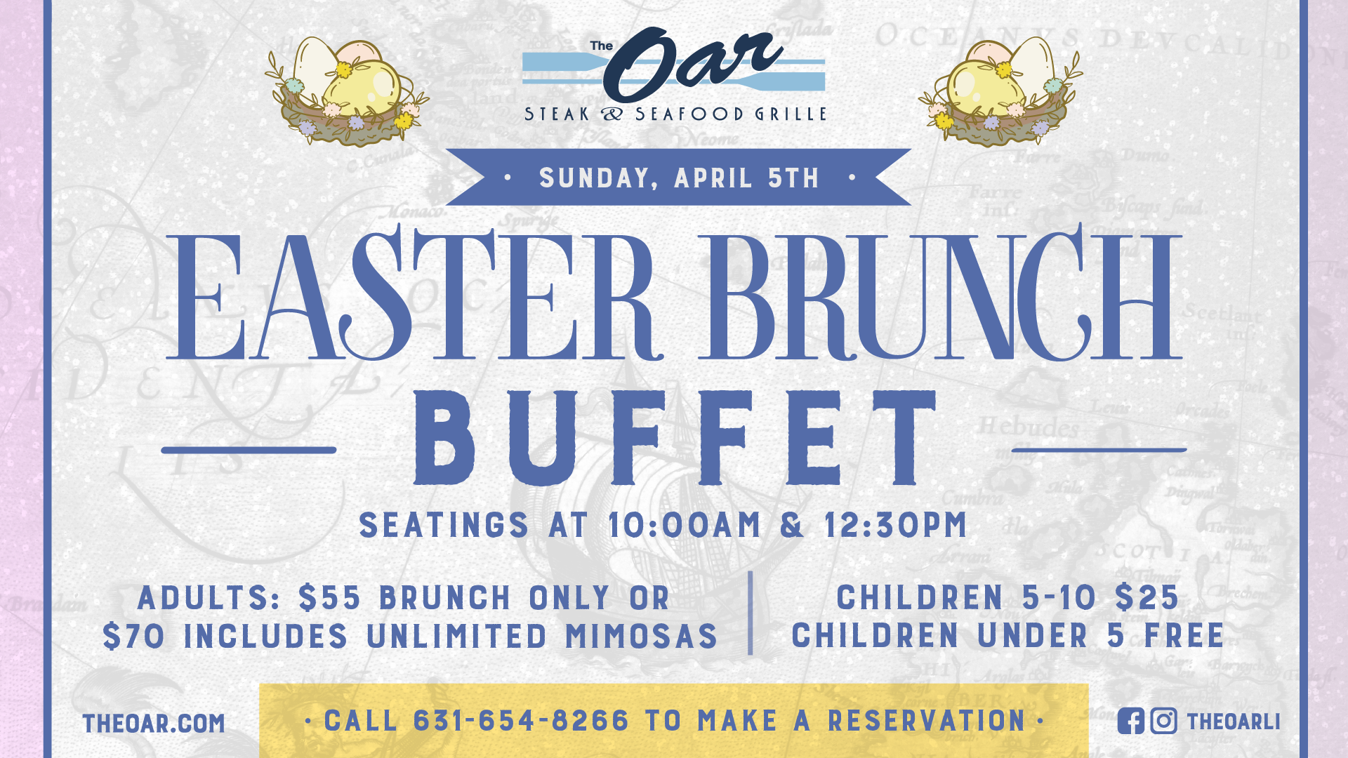 Celebrate Easter Sunday with family and friends at The Oar Steak & Seafood Grille for our festive Easter Brunch Buffet! 🌸🐰 Join us on Sunday, April 5th for a delicious holiday brunch featuring a buffet full of seasonal favorites and brunch classics, perfect for the whole family. Elevate your celebration with our unlimited mimosa option and enjoy a relaxing waterfront atmosphere while you celebrate the holiday together. Brunch Buffet Seatings: 🕙 10:00 AM 🕧 12:30 PM Pricing: • Adults: $55 Brunch Buffet • $70 with Unlimited Mimosas • Children (5–10): $25 • Children under 5: Free After brunch, our regular dinner menu will be available from 3PM–7PM. Reservations are strongly recommended. 📞 Call 631-654-8266 to reserve your table.