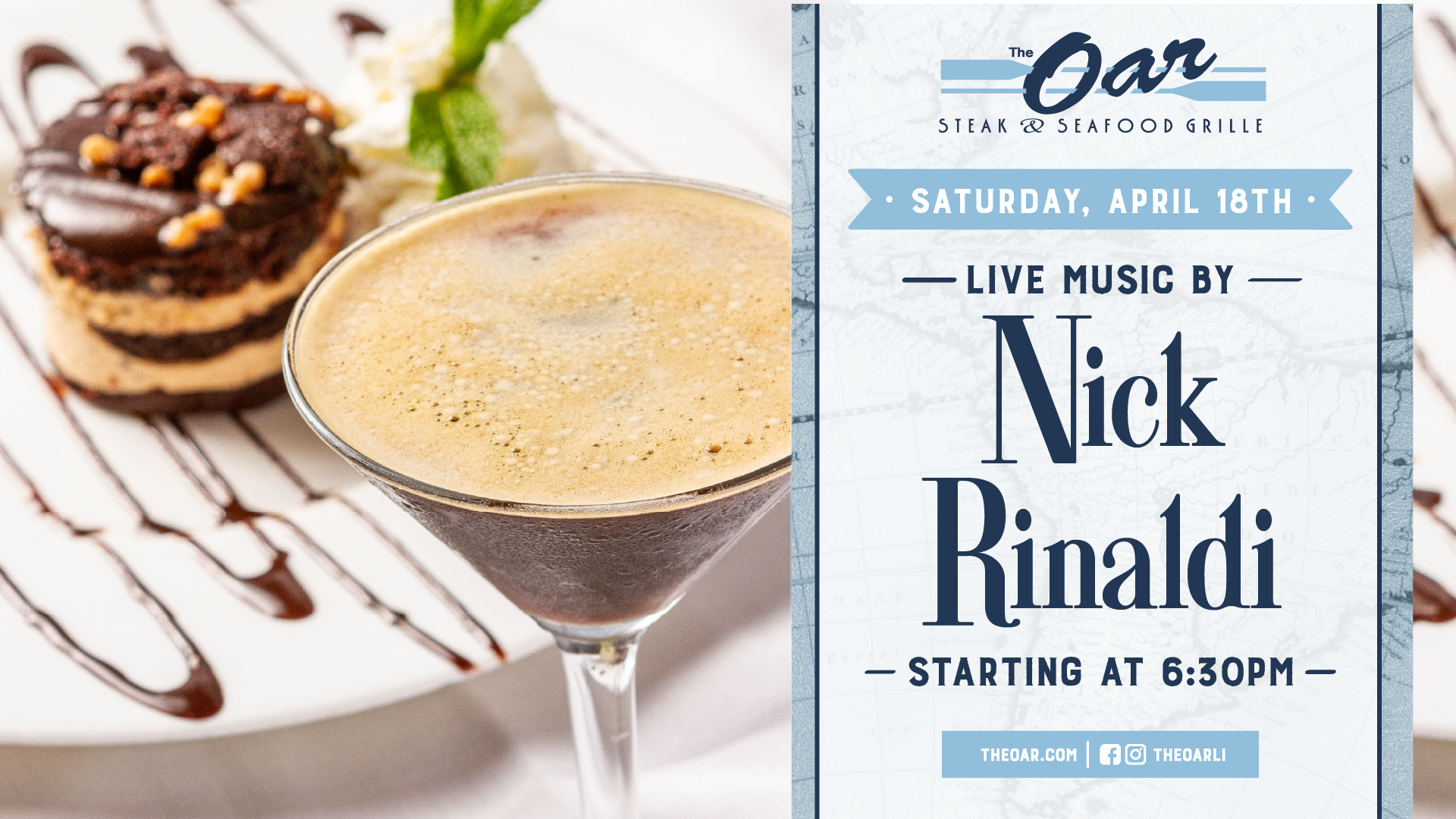 Spend your Saturday night with live music by Nick Rinaldi, delivering a mix of acoustic favorites and feel-good tunes. Music begins at 6:30PM.