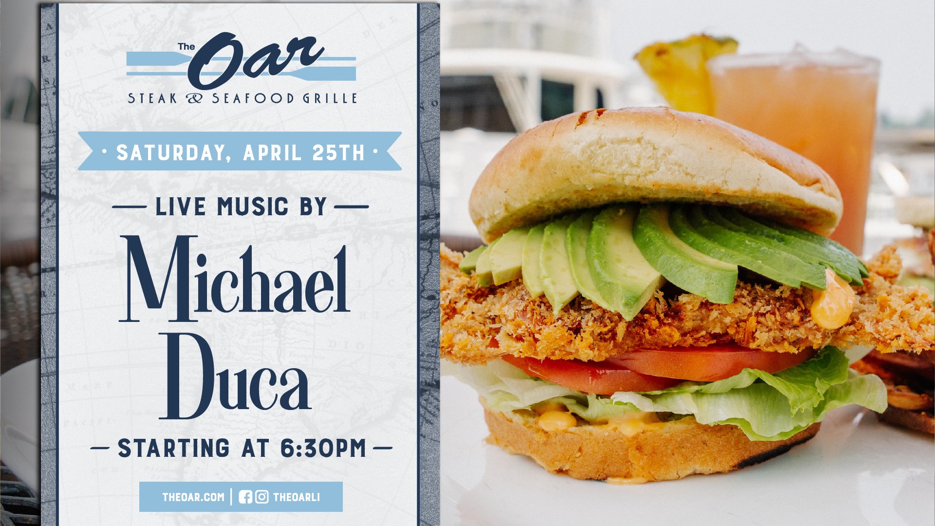 Wrap up the month with Michael Duca, performing a lively mix of acoustic hits perfect for a night out at The Oar. Music begins at 6:30PM.