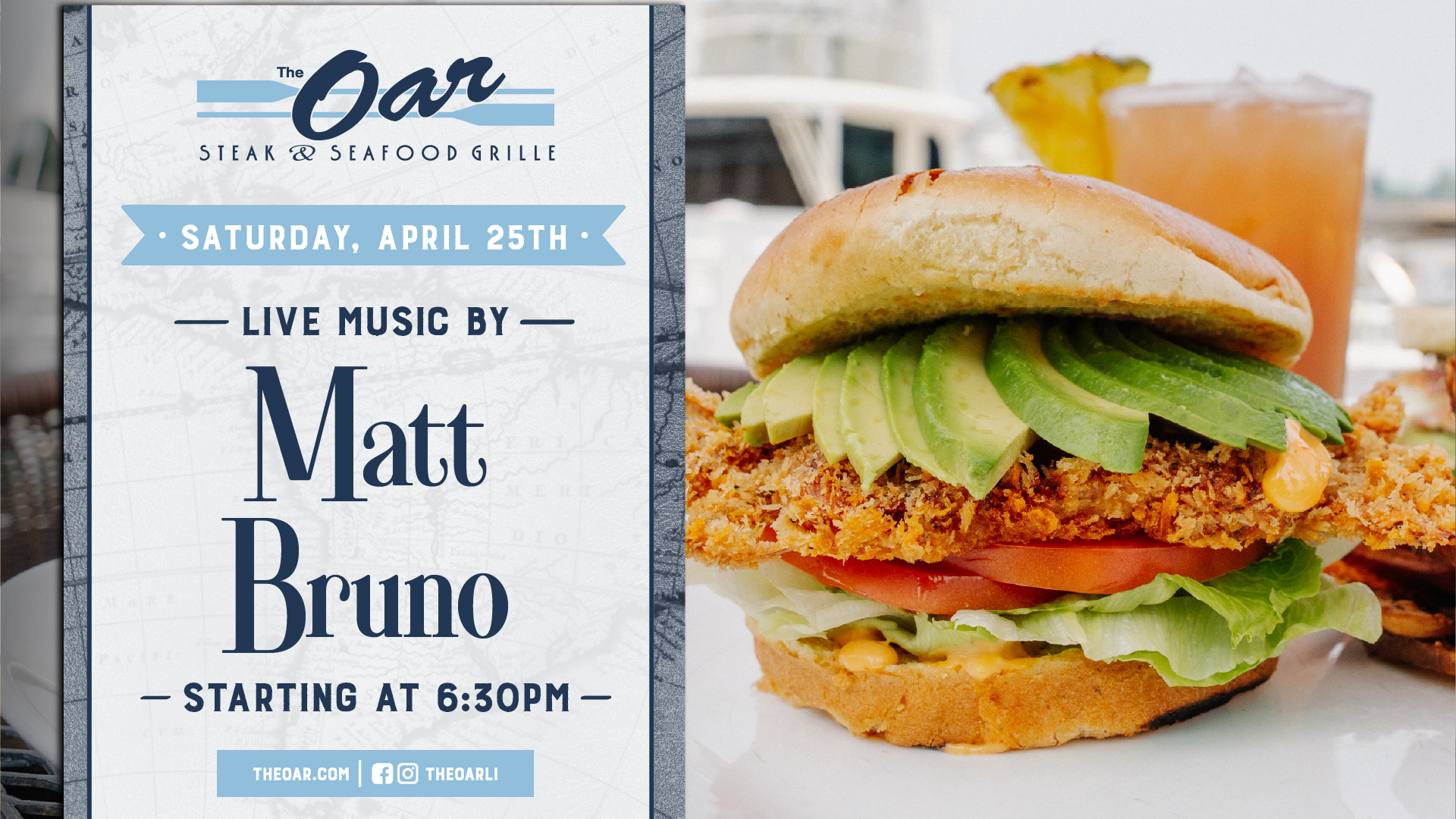 Wrap up the month with Matt Bruno, performing a lively mix of acoustic hits perfect for a night out at The Oar. Music begins at 6:30PM.
