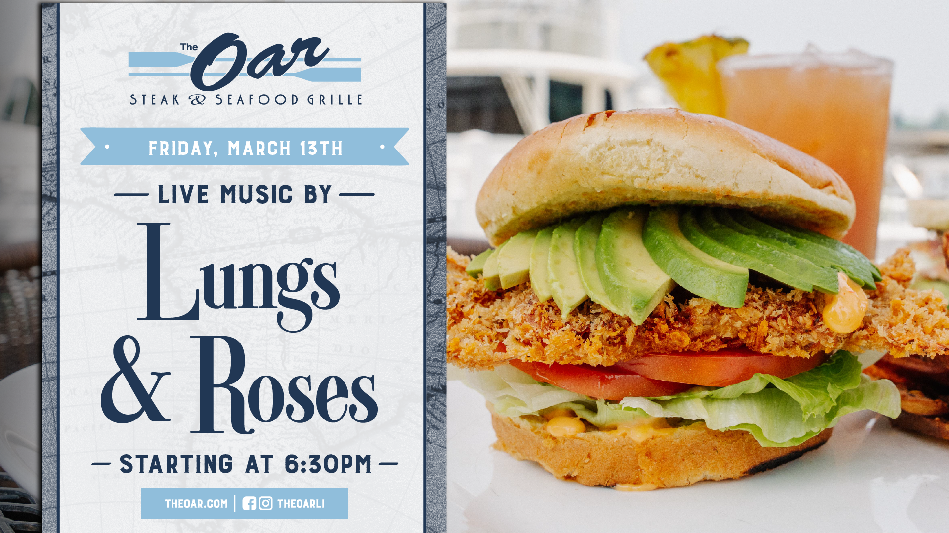 Start your Friday night with live music by Lungs & Roses at The Oar beginning at 6:30PM. Grab dinner, sip on your favorite drinks, and enjoy a laid-back evening of live music.