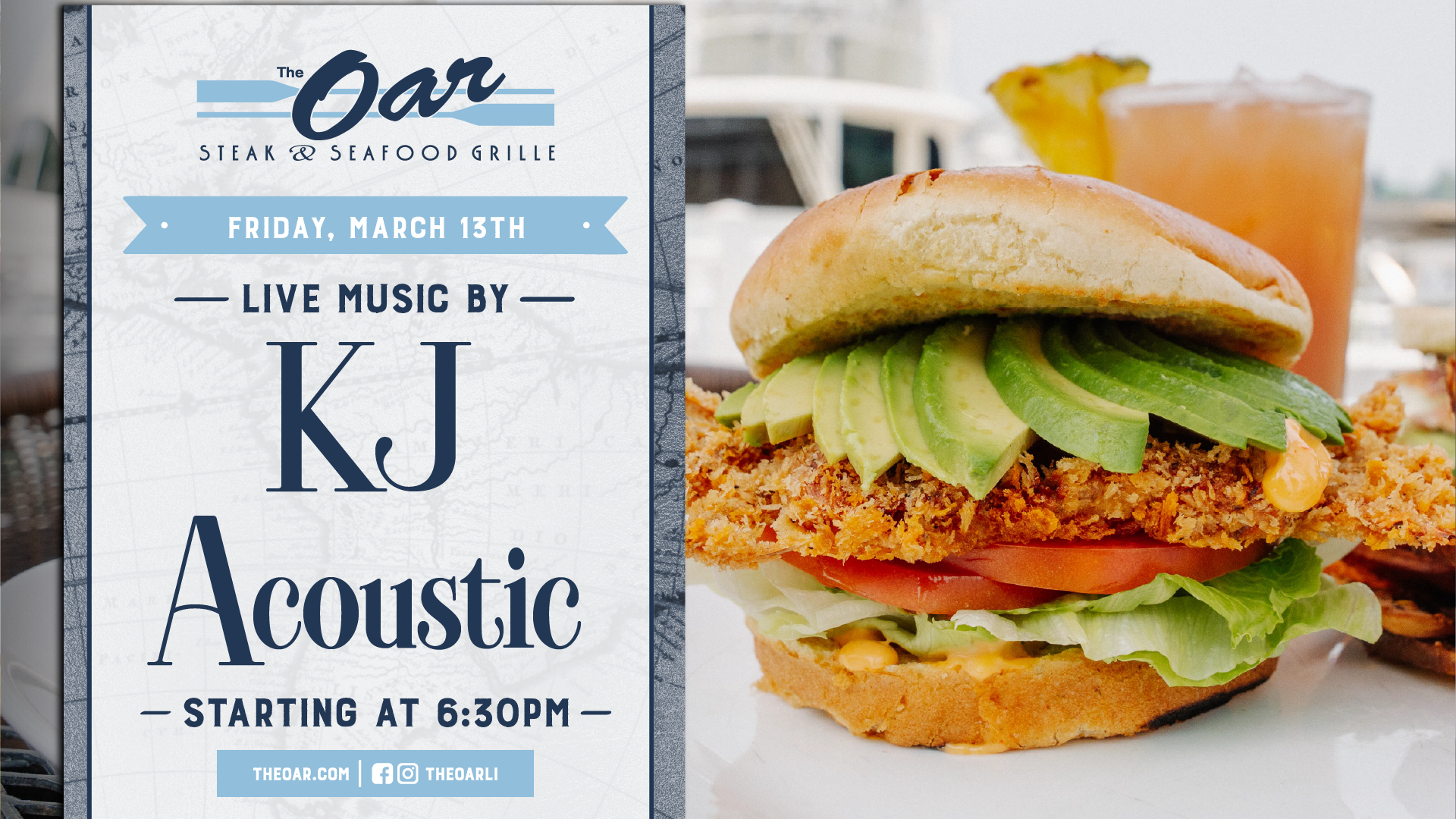 Start your Friday night with live acoustic music by KJ Acoustic at The Oar beginning at 6:30PM. Grab dinner, sip on your favorite drinks, and enjoy a laid-back evening of live music.