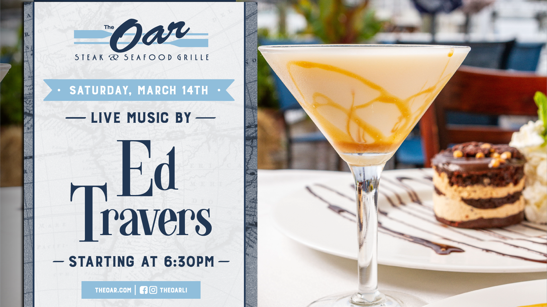 Spend your Saturday evening at The Oar with Ed Travers performing live starting at 6:30PM. Great music, incredible food, and a lively atmosphere make it the perfect night out.