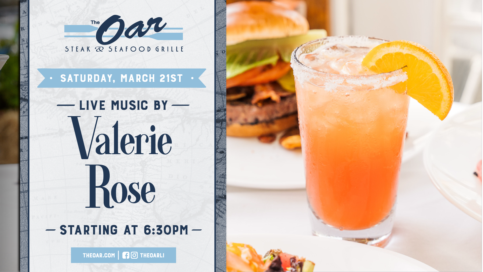 Enjoy live music by Valerie Rose beginning at 6:30PM at The Oar. Pair the evening’s performance with fresh seafood, handcrafted cocktails, and a relaxing waterfront setting.