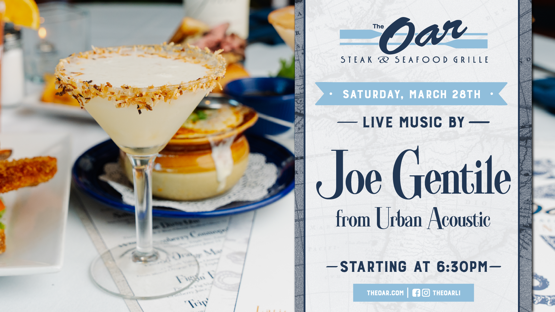 Close out the month with live music by Joe Gentile from Urban Acoustic starting at 6:30PM. Join us for an evening of great tunes, delicious dining, and classic Oar waterfront vibes.
