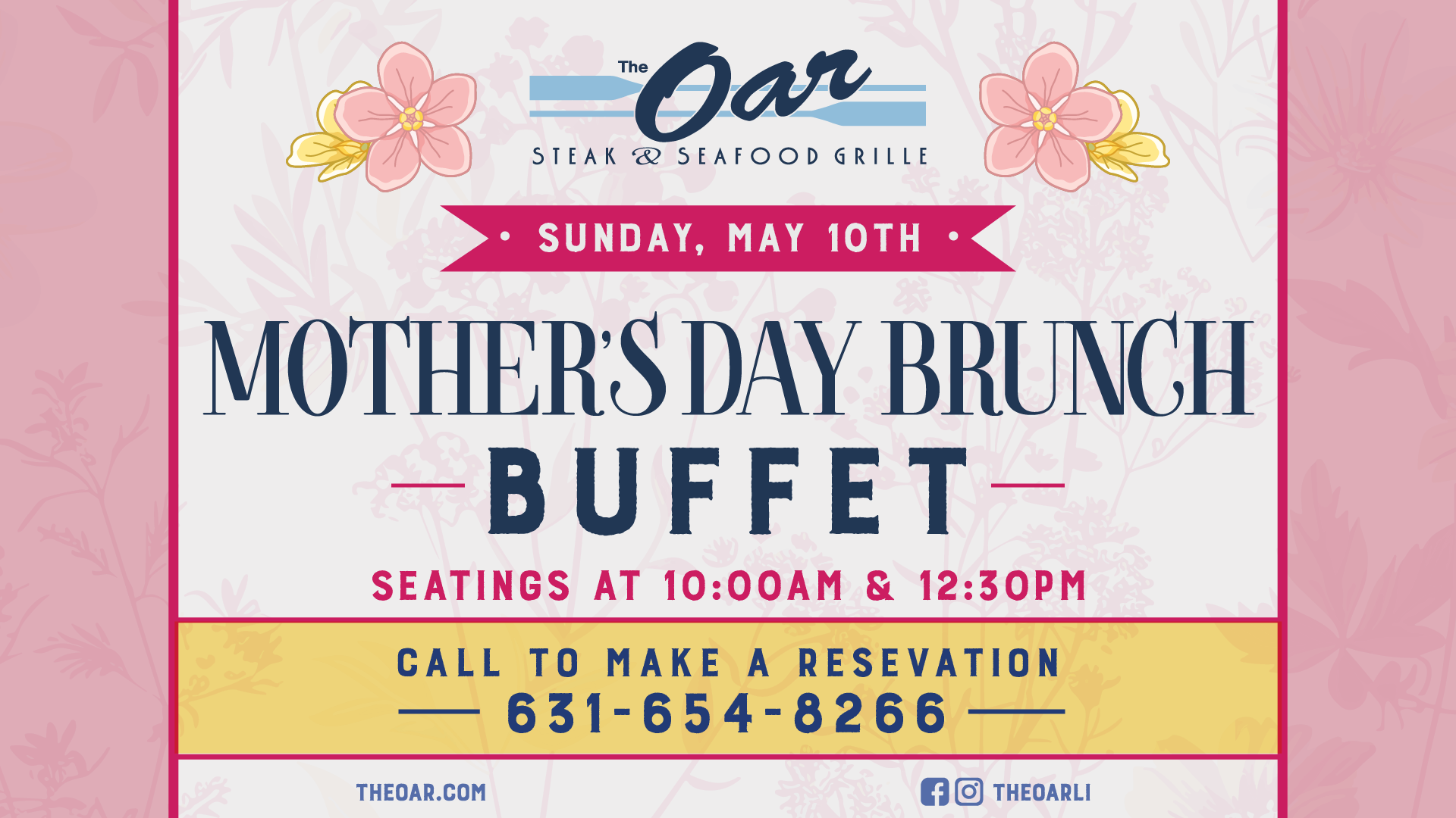 Celebrate Mother’s Day at The Oar Steak & Seafood Grill 🌸 Treat Mom to a special day by the water with our Mother’s Day Brunch Buffet on Sunday, May 10th. Enjoy a delicious spread, beautiful views, and the perfect setting to celebrate the most important woman in your life. ✨ Brunch Seatings: 10:00AM & 12:30PM ✨ Pricing: • $55 per adult (brunch only) • $70 per adult (includes unlimited mimosas) • Children 5–10: $25 • Children under 5: Free Our regular dinner menu will also be available from 3PM–7PM. Make it a day she’ll always remember 💕 📞 Call 631-654-8266 to reserve your table today Reservations are highly recommended.