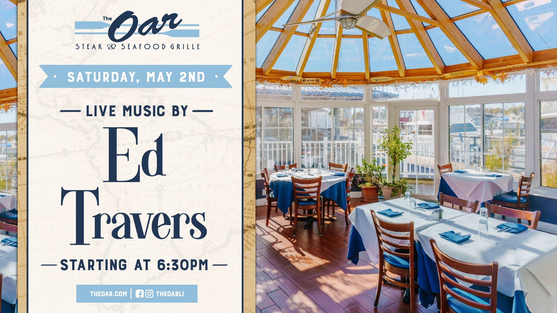 Dinner, drinks, and live tunes 🍷 Ed Travers takes the stage at 6:30PM—settle in and let the weekend begin.