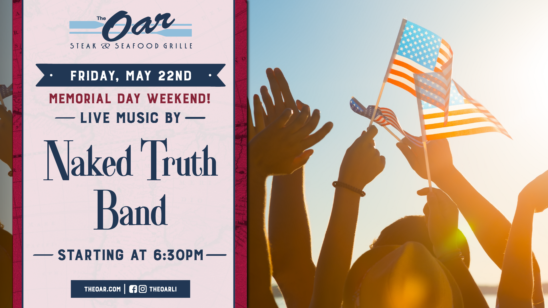 Memorial Day Weekend starts here 🇺🇸 Kick things off with Naked Truth Band live at 6:30PM—good vibes all night.