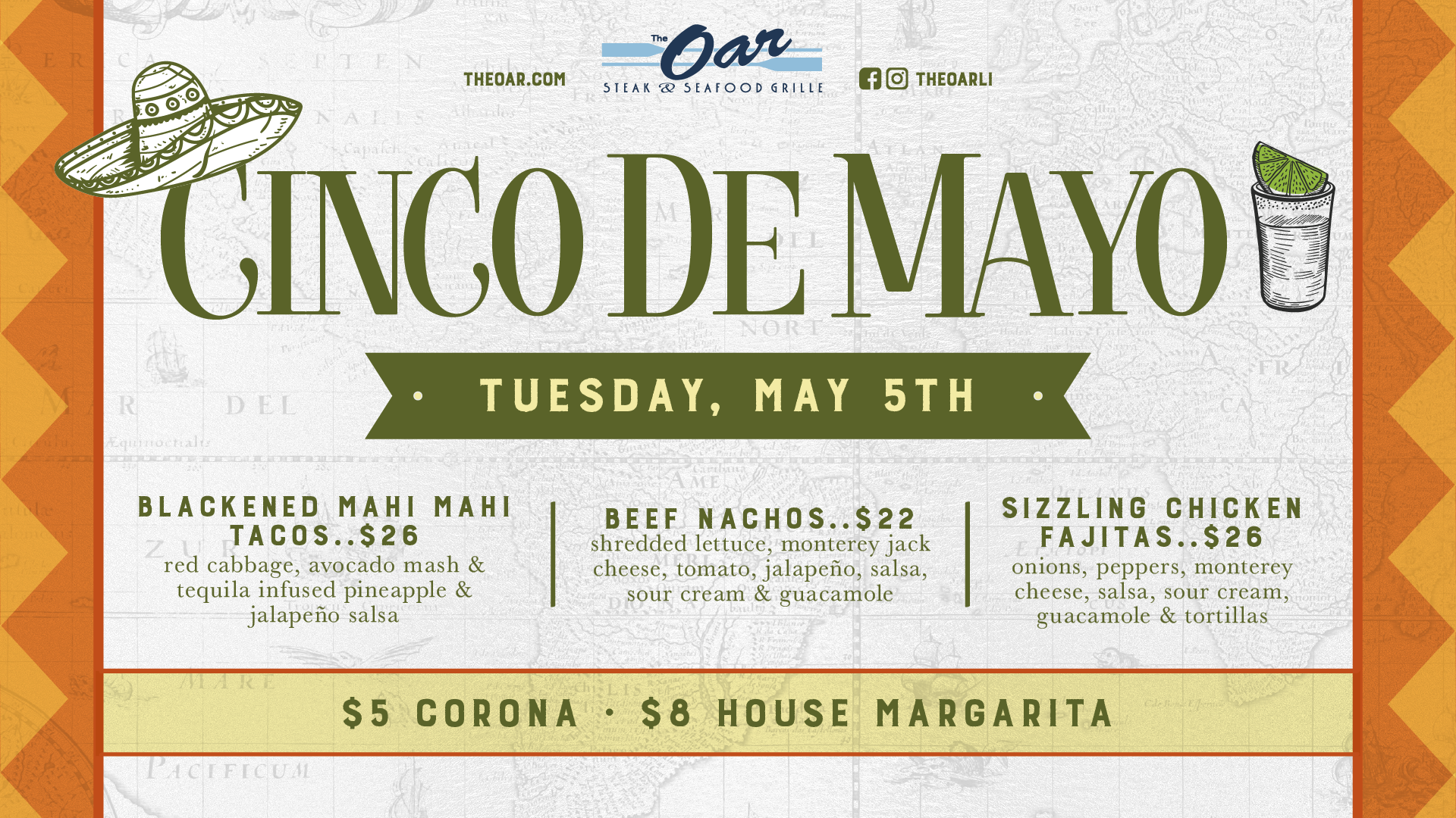 Celebrate Cinco De Mayo at The Oar 🇲🇽🌊 Join us on Tuesday, May 5th for a waterfront fiesta filled with bold flavors, refreshing drinks, and great vibes. Enjoy festive food specials like beef nachos, sizzling chicken fajitas, and blackened mahi mahi tacos, along with drink specials including $5 Coronas and $8 house margaritas. Grab your friends, soak in the views, and celebrate Cinco the right way at The Oar. 🌮🍹💃
