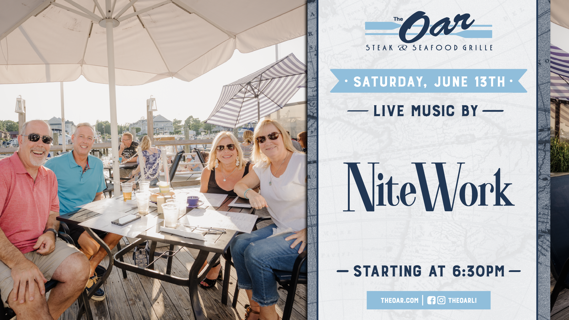 Settle in for an unforgettable night at The Oar with live music from NiteWork starting at 6:30PM.