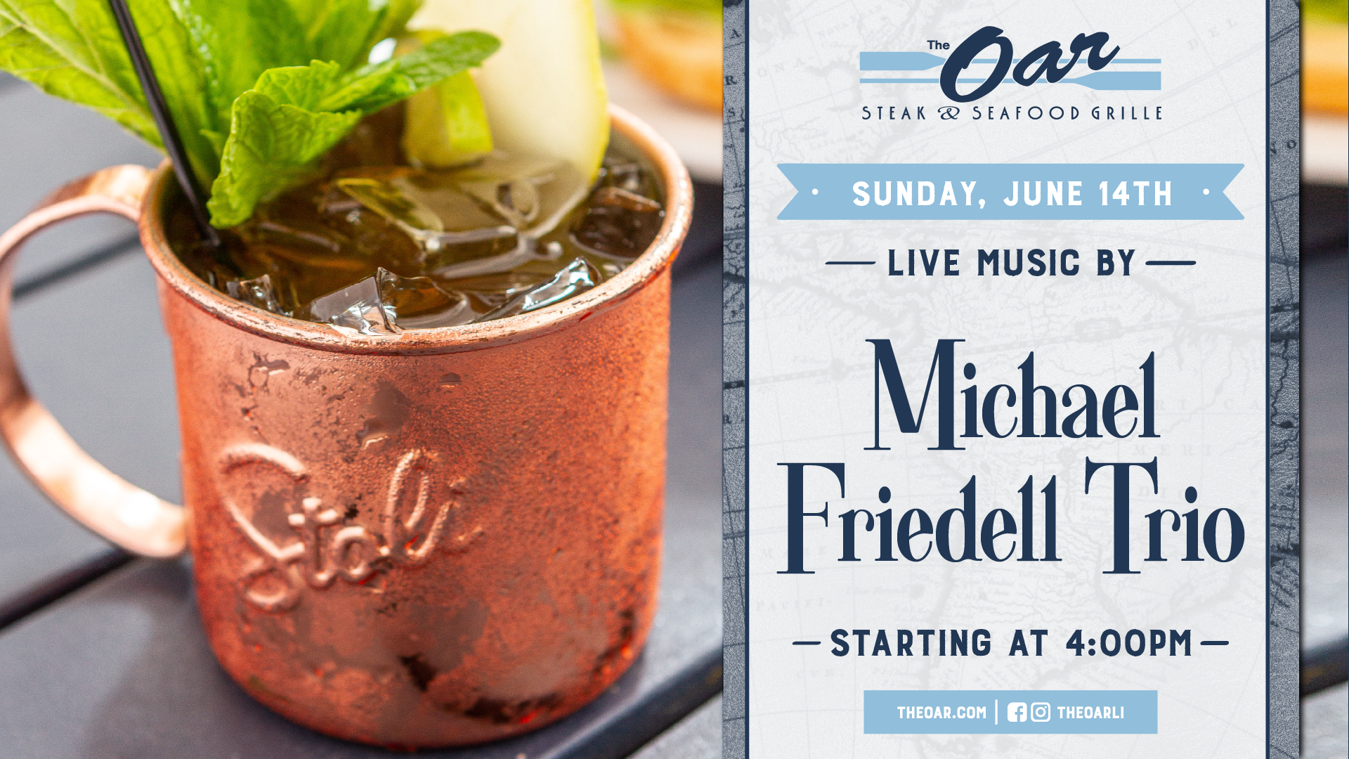 The perfect summer night starts with dinner, drinks, and live music from the Michael Friedell Trio at The Oar. Music begins at 4:00PM.