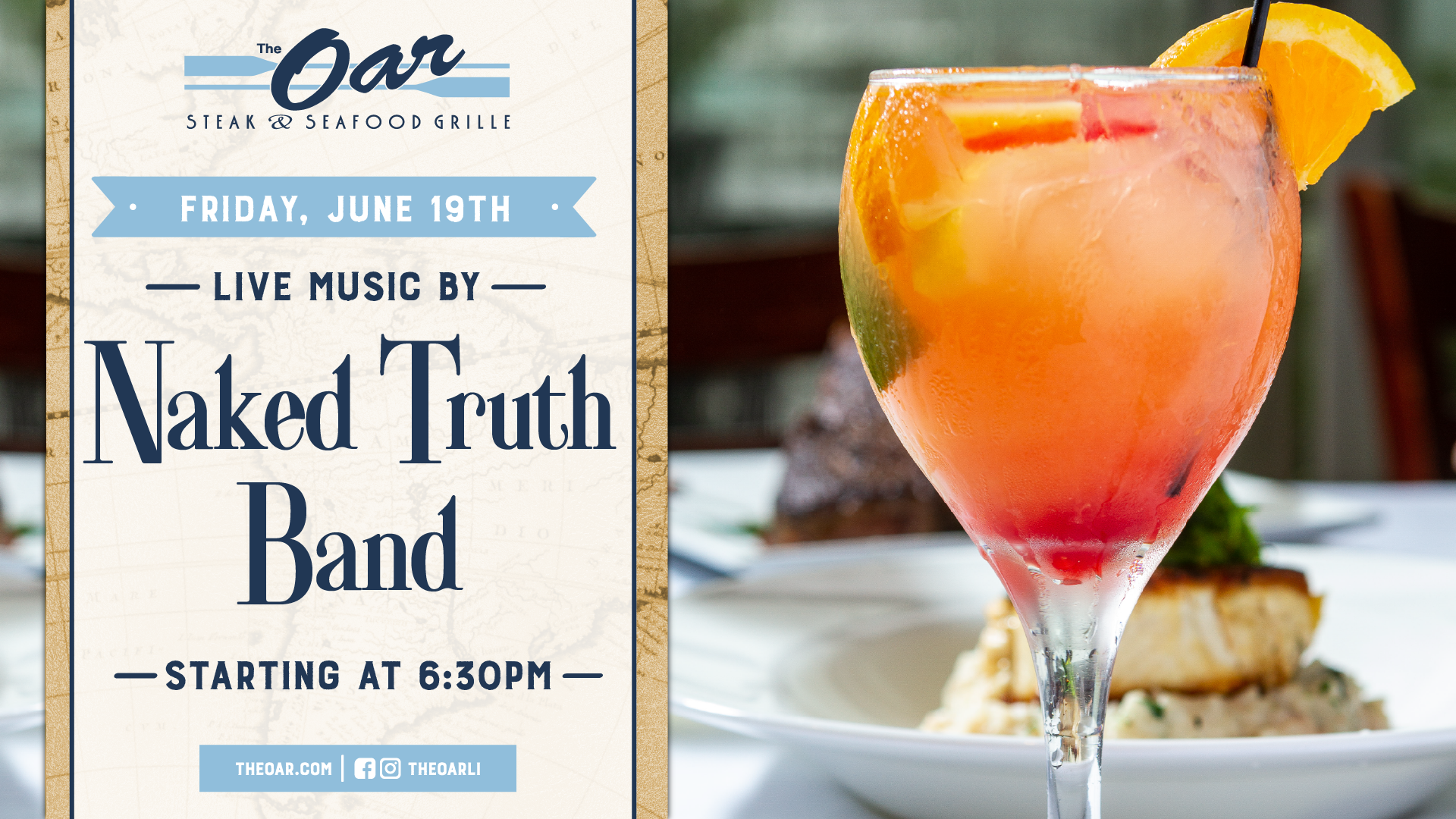 Turn up your summer night at The Oar with live music from the Naked Truth Band. Music starts at 6:30PM.