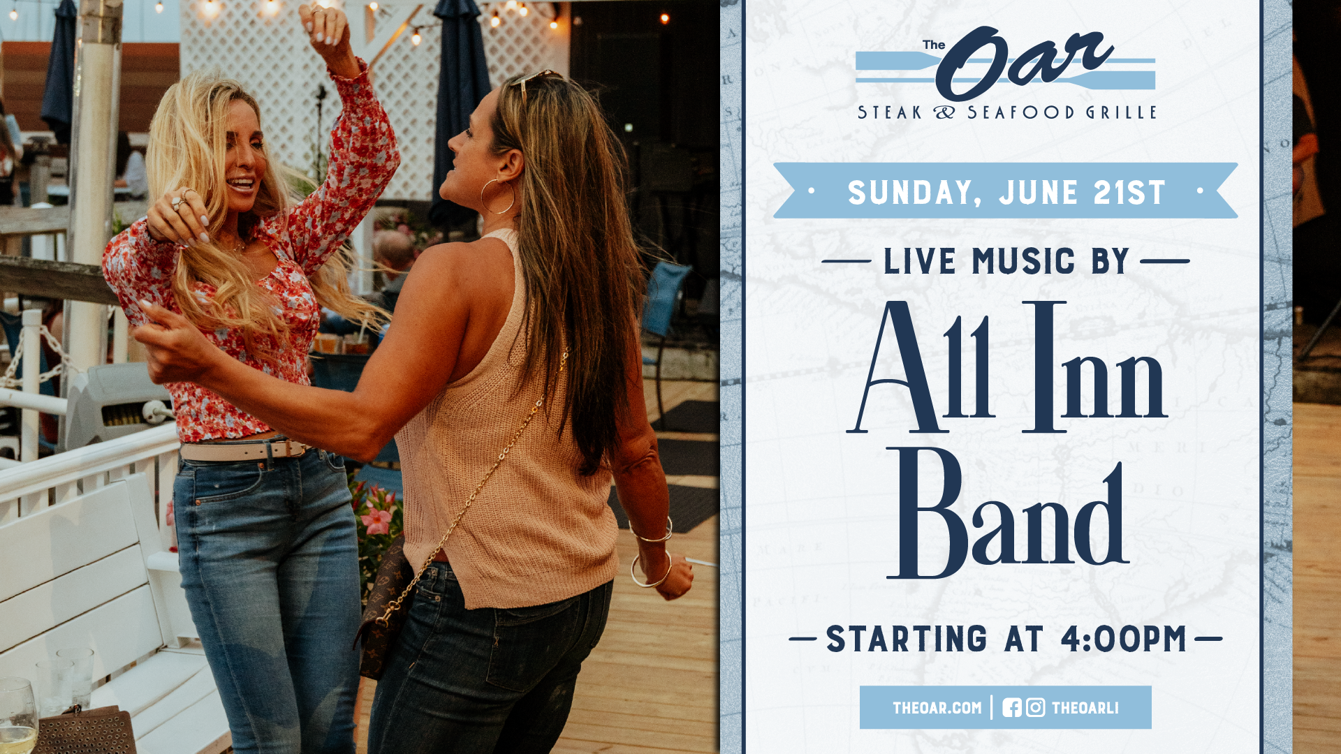 Your plans for the night: dinner, cocktails, and live music from All Inn Band at The Oar. Music starts at 4PM.