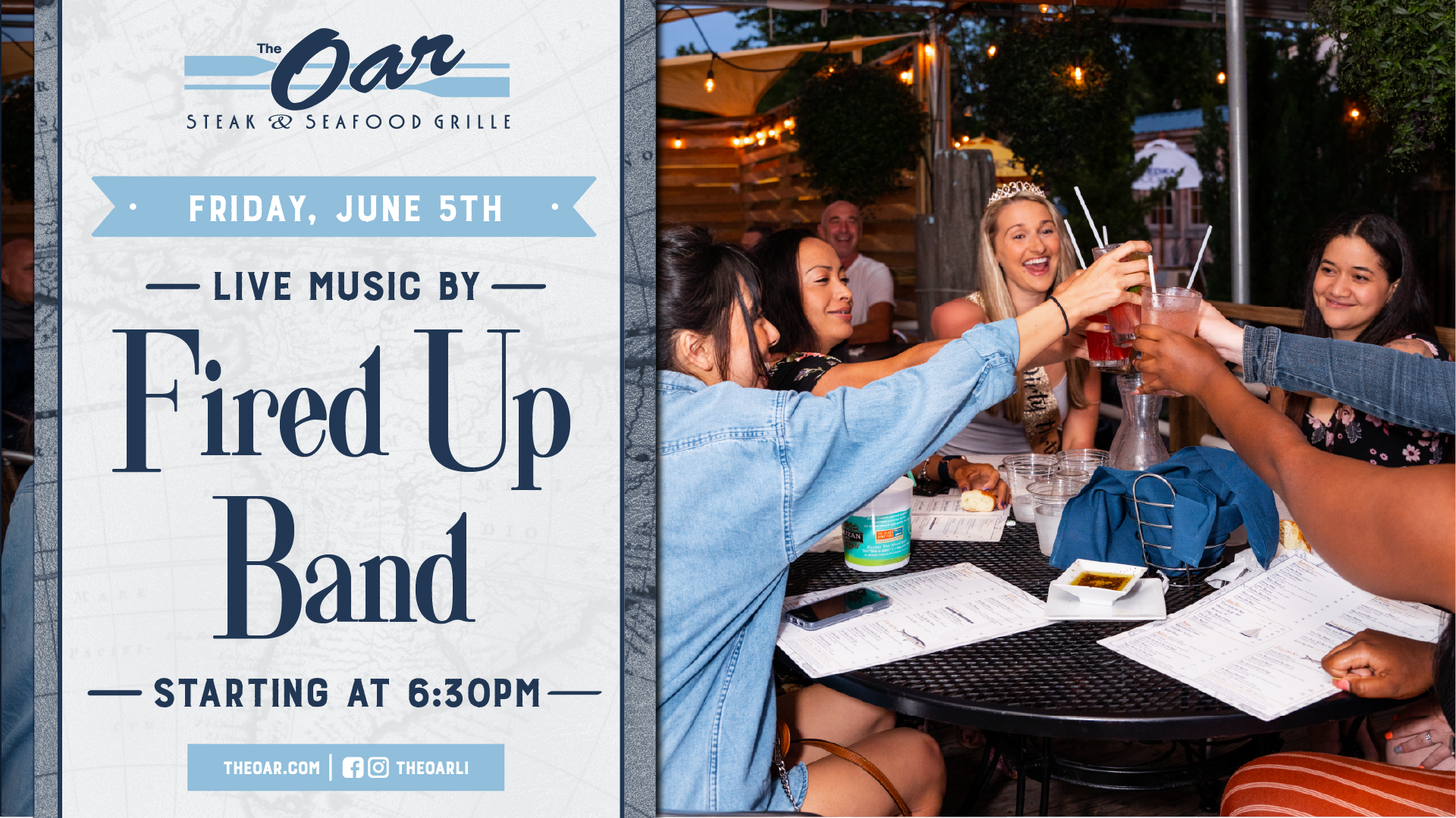 Spend your evening at The Oar with live music from Fired Up Band starting at 6:30PM. It’s the perfect way to enjoy a night out with friends and family.