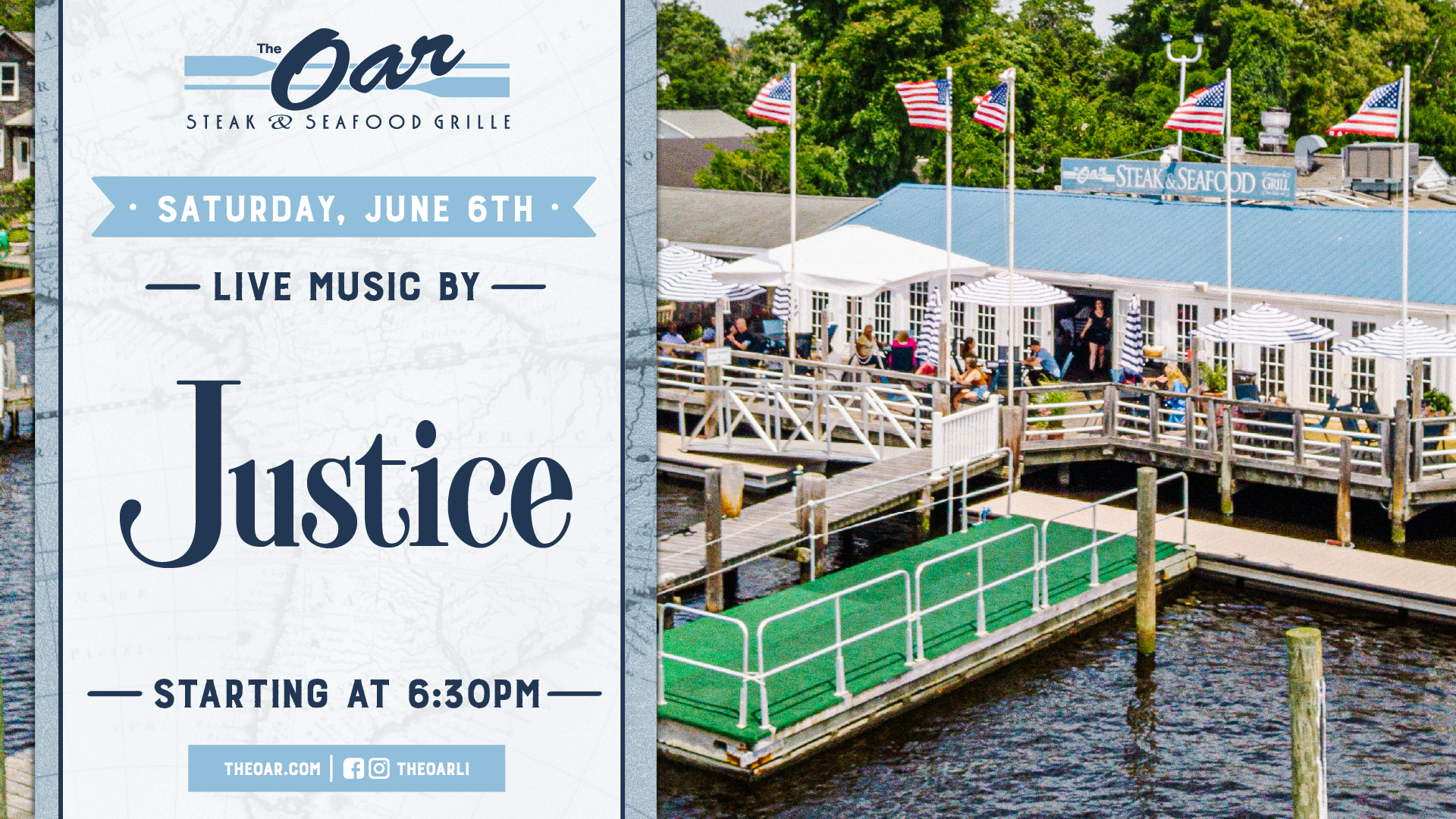 Turn your dinner plans into a full night out with Justice performing live at The Oar starting at 6:30PM.