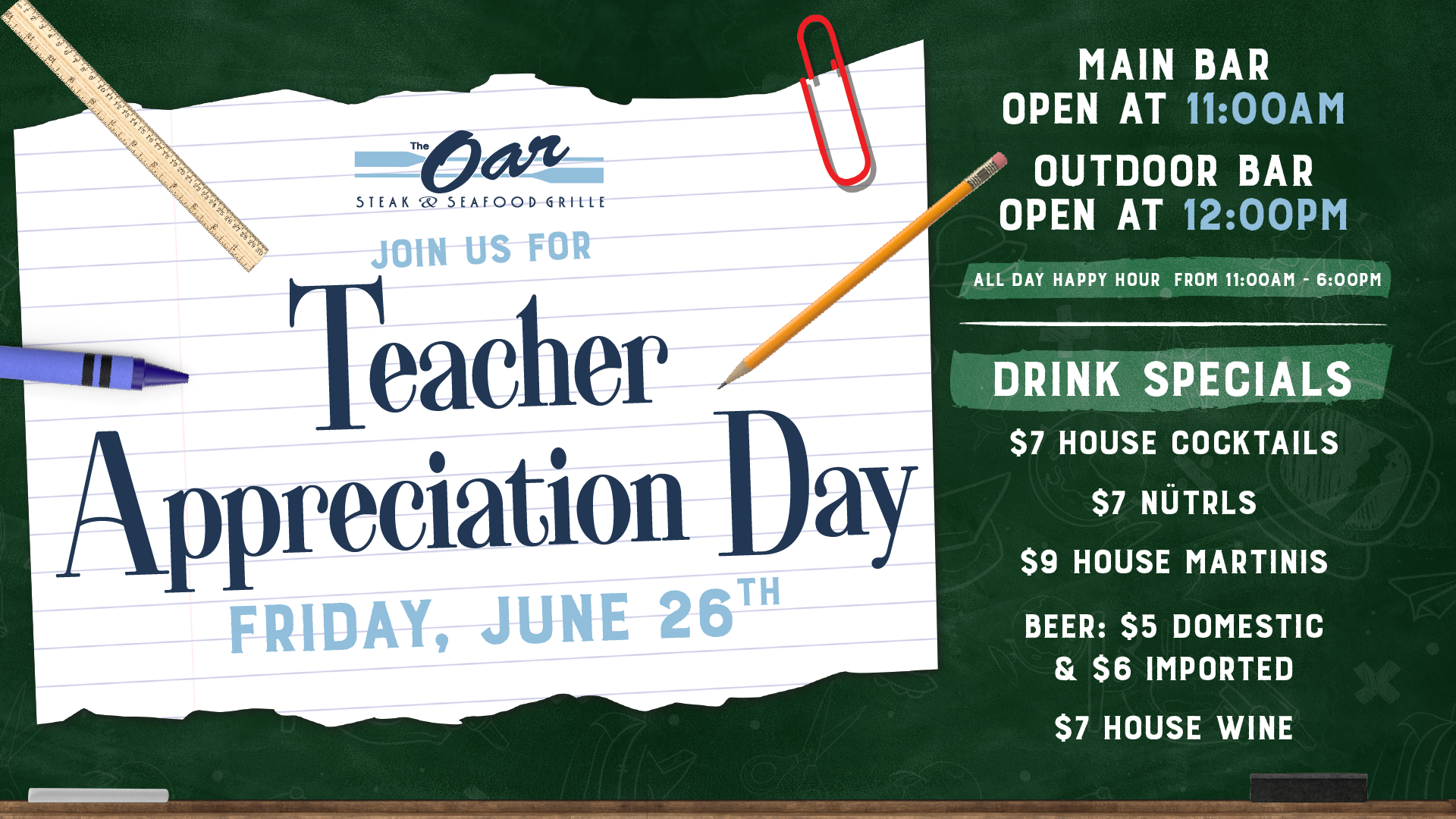 Calling all teachers! 🍎📚 You've earned a day to celebrate. Join us this Friday, June 26 for Teacher Appreciation Day at The Oar with all-day happy hour, great drink specials, and waterfront vibes. Whether you're kicking off summer break or just taking a well-deserved break, we'll have a seat waiting for you! 🍻☀️ 🍸 $7 House Cocktails 🥤 $7 NÜTRLs 🍸 $9 House Martinis 🍺 $5 Domestic Beers 🍺 $6 Imported Beers 🍷 $7 House Wine Bonus: 🍻 All-Day Happy Hour from 11:00 AM – 6:00 PM