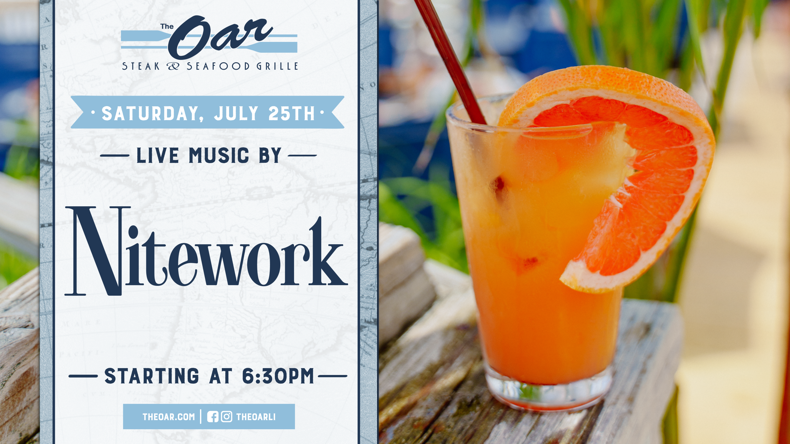 Join us for music by Nitework and a night out at The Oar. Music starts at 6:30 pm.