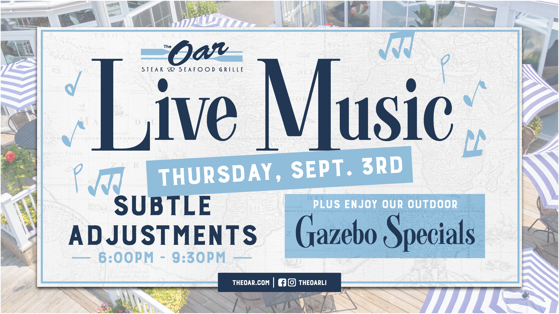 Kick off Labor Day Weekend early with live music and waterfront fun at The Oar! Join us Thursday, September 3rd as Subtle Adjustments performs live from 6–9:30PM. Enjoy dinner and drinks by the water, plus delicious outdoor Gazebo Specials throughout the evening. Gather your friends, make your plans, and start the long weekend with great food, beautiful views, and live music at The Oar!