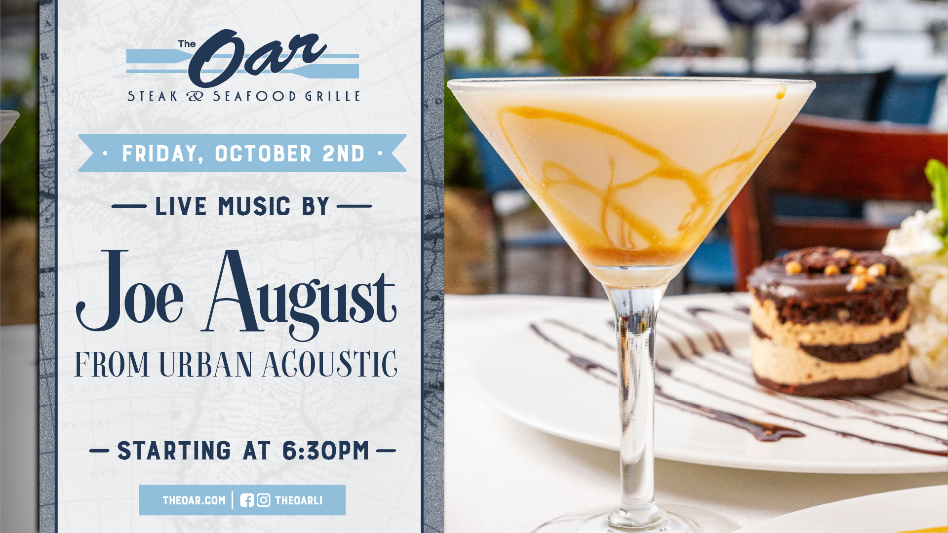 Join us at The Oar on October 2nd for live music by Joe August from Urban Acoustic, starting at 6:30 PM.