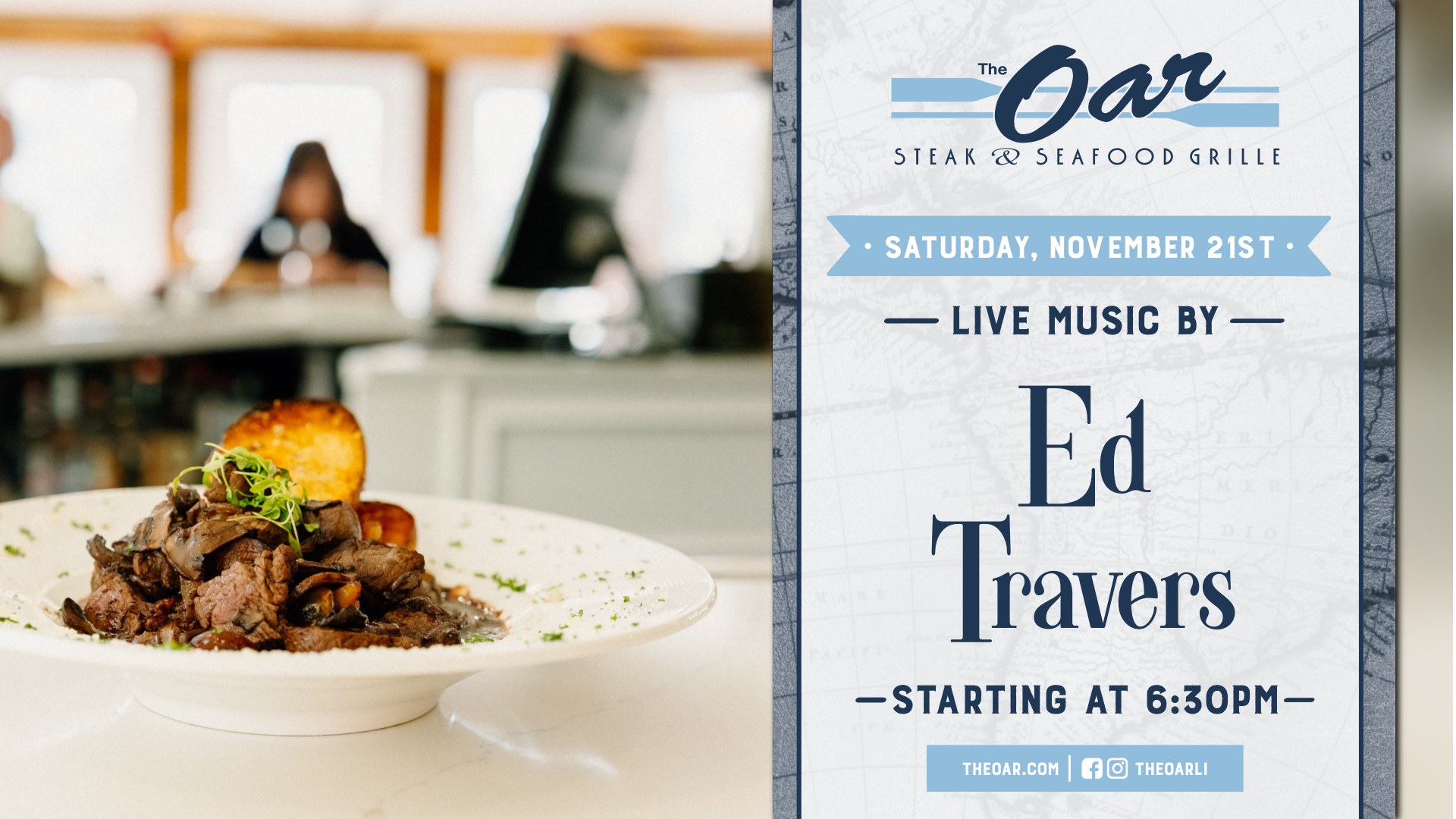 Join us at The Oar on Saturday, November 21st for live music by Ed Travers, starting at 6:30 PM.