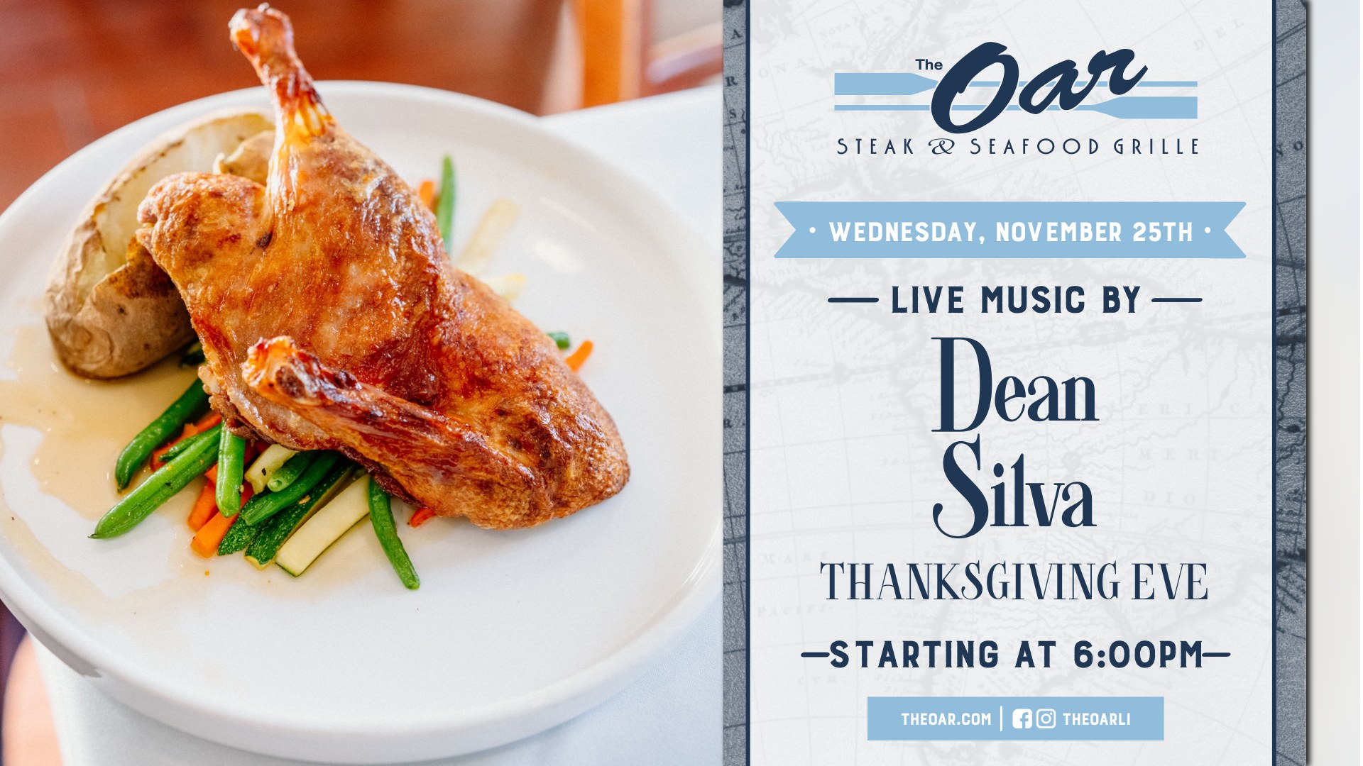 Celebrate Thanksgiving Eve at The Oar with live music from Dean Silva on Wednesday, November 25th, starting at 6:00 PM.
