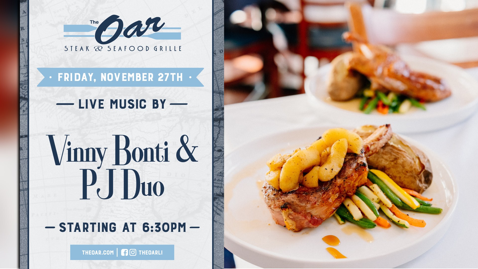 Shake off the Thanksgiving leftovers and join us Friday, November 27th for live music from the Vinny Bonti & PJ Duo, starting at 6:30 PM.