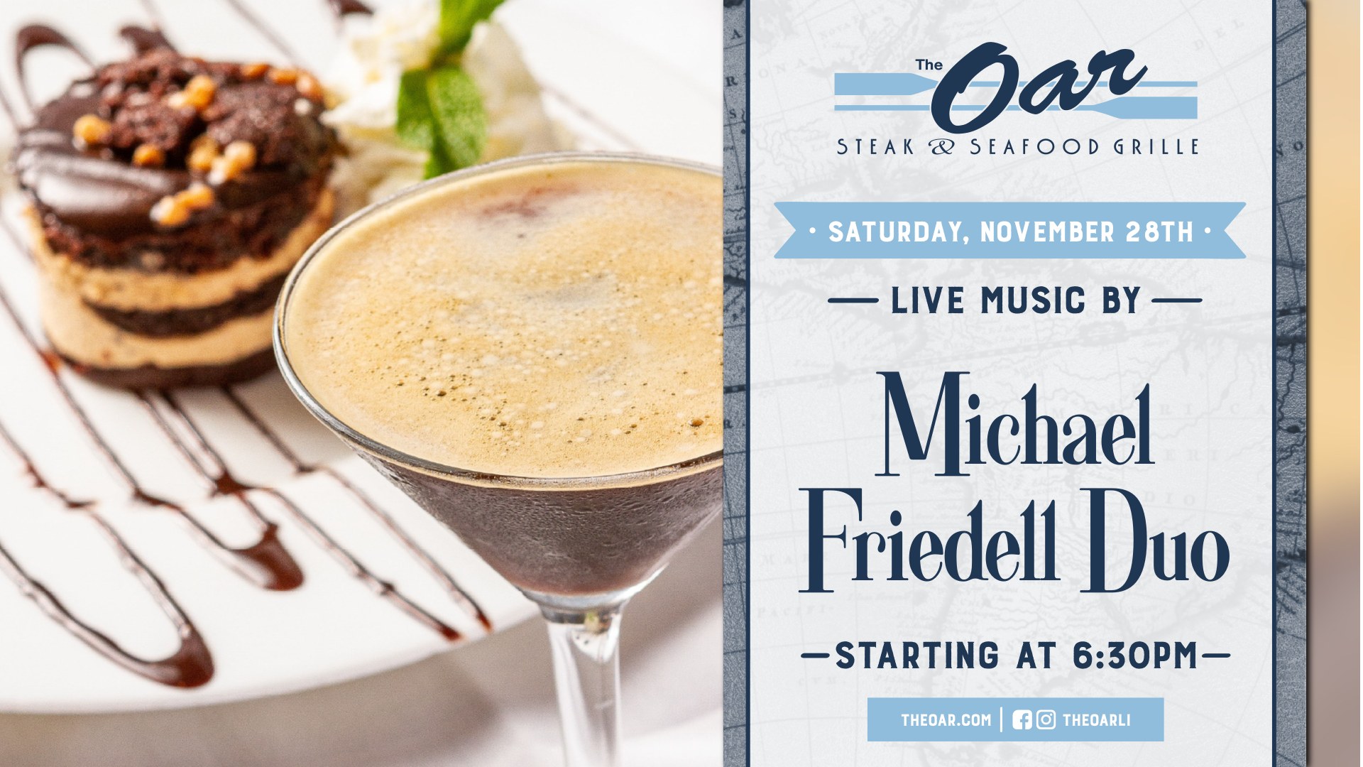 Wrap up November with the Michael Friedell Duo playing live on Saturday, November 28th, starting at 6:30 PM.
